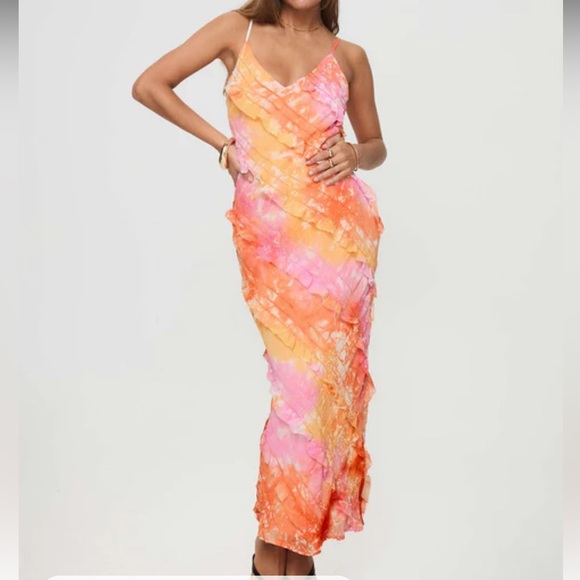 Princess Polly Lars Maxi Dress Ruffle Sunset Orange Multi Watercolor - Picture 1 of 10